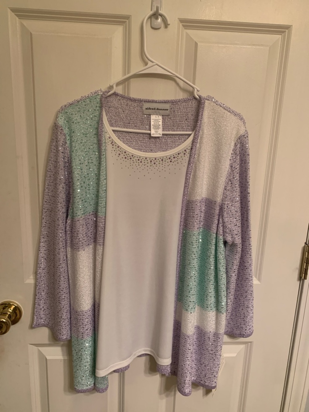 Alfred Dunner Lavender, Mint & White Colorblock Open Cardigan Size Large NWT